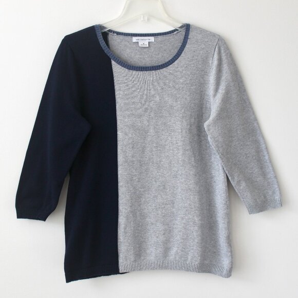 Liz Clairborne 100% Cotton Grey Black Colorblock Crew 3/4-Sleeve Sweater Medium - Picture 1 of 3